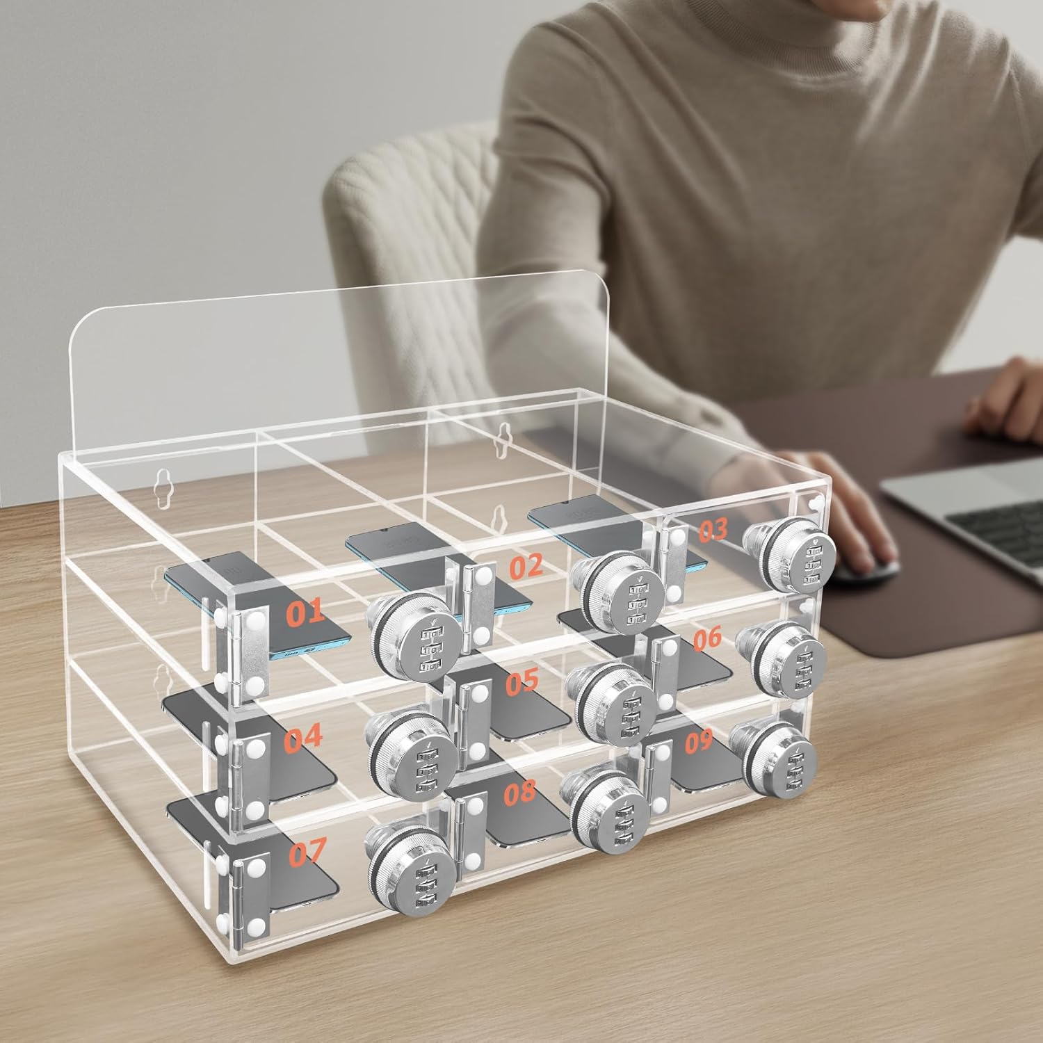 Cell Phone Locker Box 9 Slots Cell Phone Organizer Cabinet with Combination Locks Wall-Mounted Locking Cell Phone Storage Box for Classroom Office,Shool,Office (9 Slots, Wood+Acrylic)