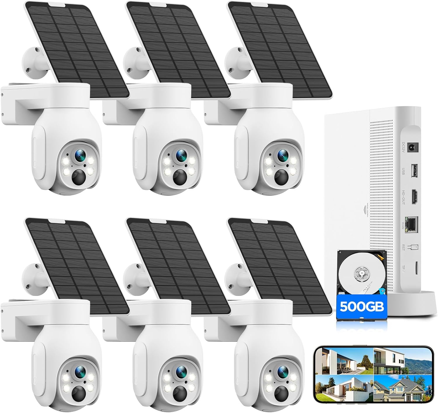 2K Solar Powered Security Cameras Wireless Outdoor, No Subscription, 6-Cam Pack, Home Security Camera System, 360° Pan & Tilt, Color Night Vision, 5G & 2.4G WiFi, 500GB HDD 10CH NVR, Motion Detection