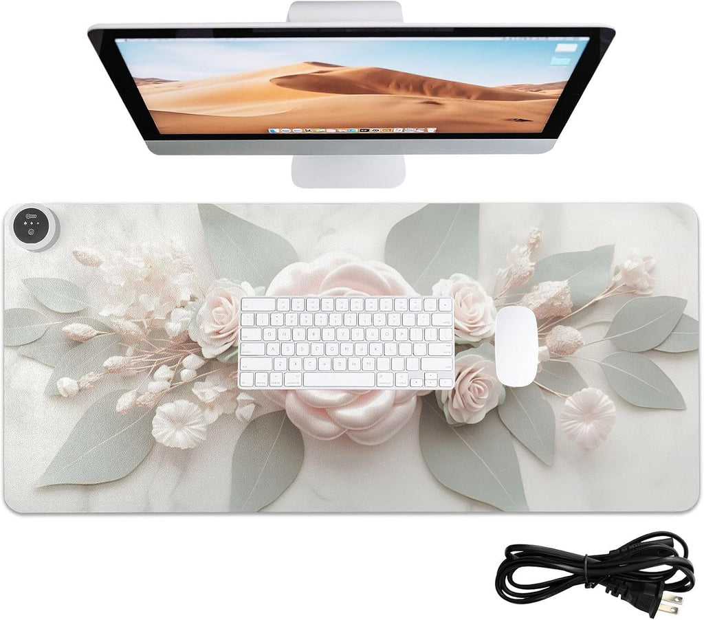Large Heated Mouse Pad,Leather Desk Mat,31.5"x13",Hand Warmer Pads for Desk,Rose(Cream)