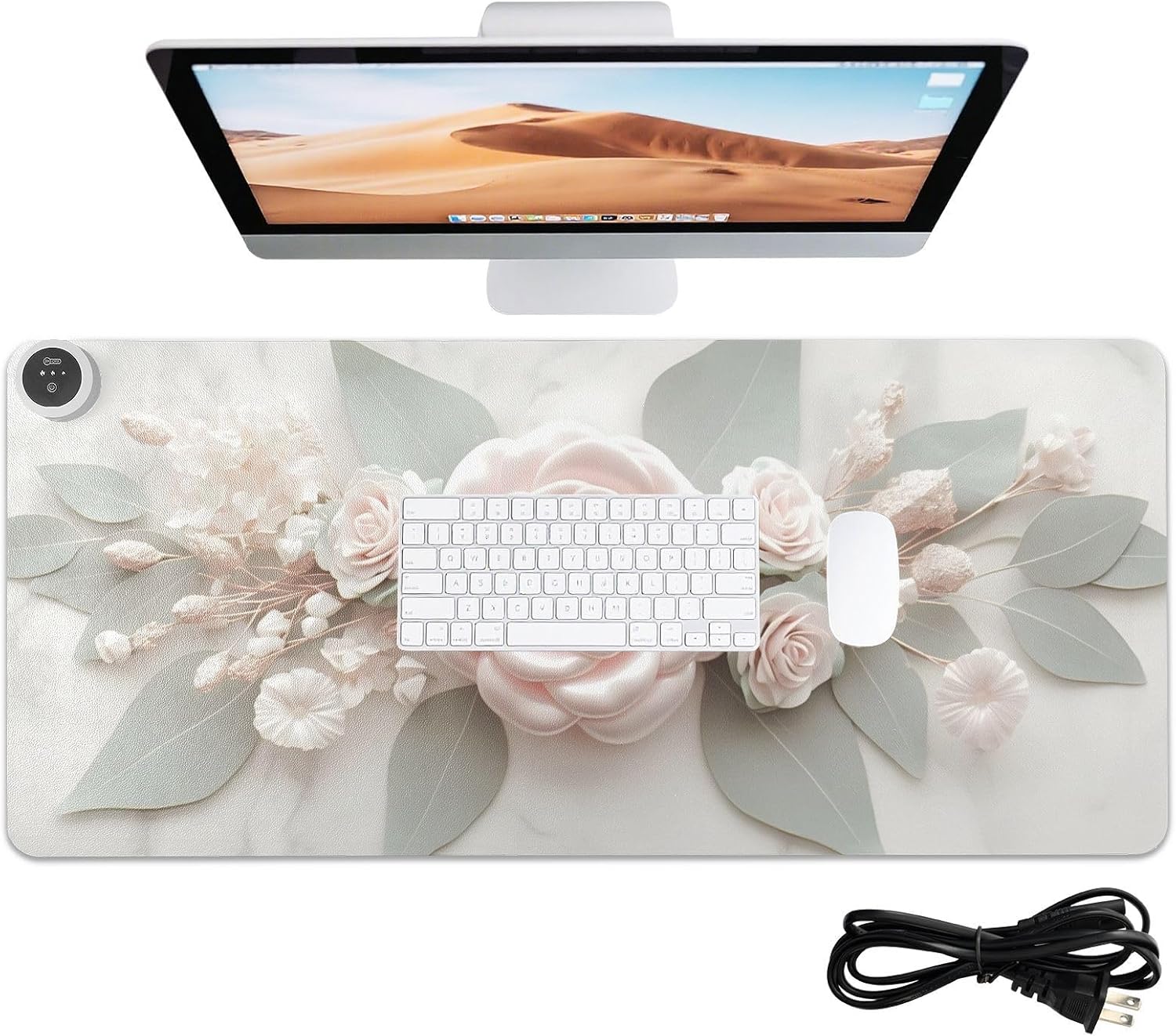 Large Heated Mouse Pad,Leather Desk Mat,31.5"x13",Hand Warmer Pads for Desk,Rose(Cream)