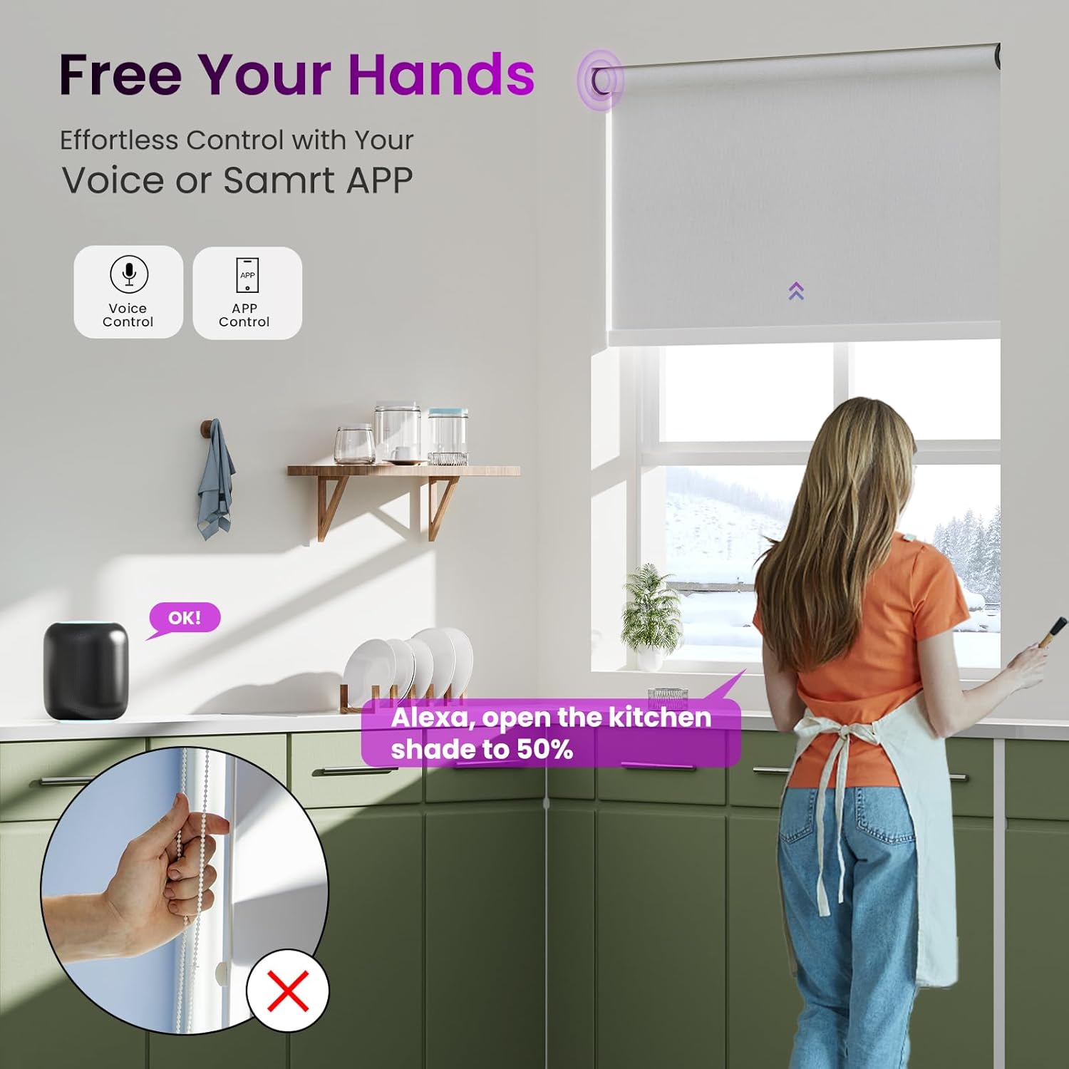 Astomi Motorized Roller Shades for Windows, Blackout Smart Blinds for Indoor, Effortless Remote & Voice Control, Compatible with Alexa, Google Home, Custom Size，Fabric-Pure White