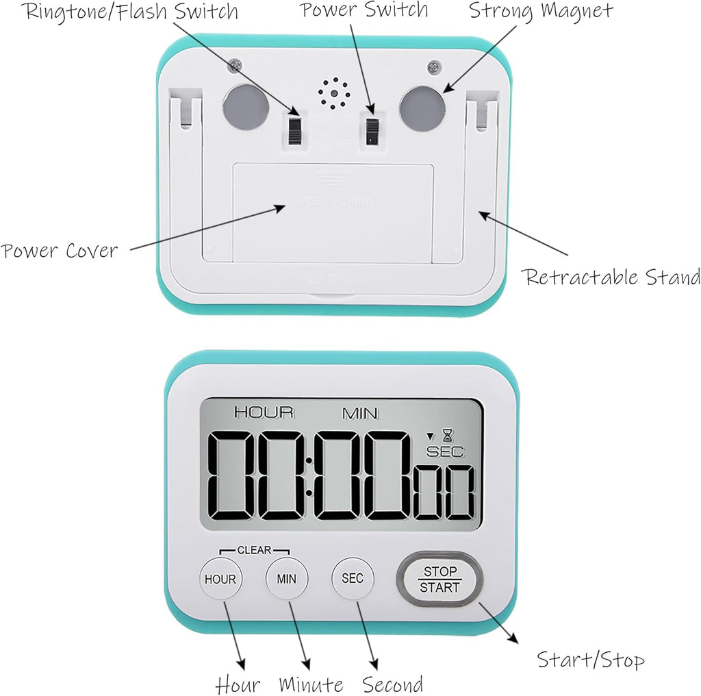 Digital Kitchen Timer Magnetic Loud Alarm, Large LCD Screen Silent/Beeping Multi-Function for Teachers Classroom Kids, Sky Blue