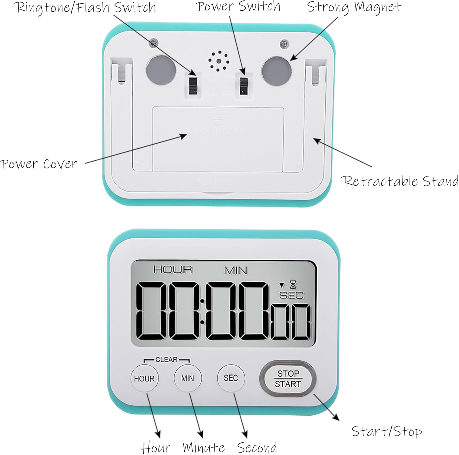 Digital Kitchen Timer Magnetic Loud Alarm, Large LCD Screen Silent/Beeping Multi-Function for Teachers Classroom Kids, Sky Blue