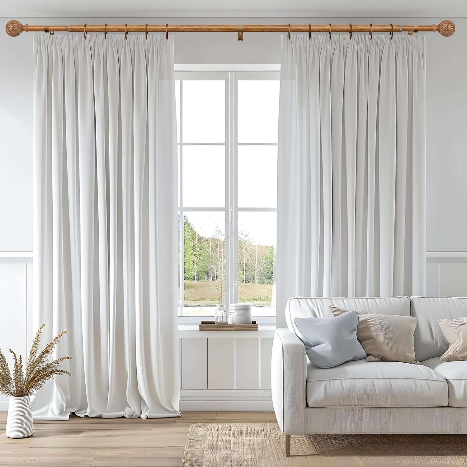 Boho Wood Curtain Rods for Windows 66 to 120 inch,1" Adjustable Heavy Duty Window Curtain Rod with Imitation Wood Grain Finials,Rustic Decorative Drapery Rods Set,Size:36-120'',Natural Wood