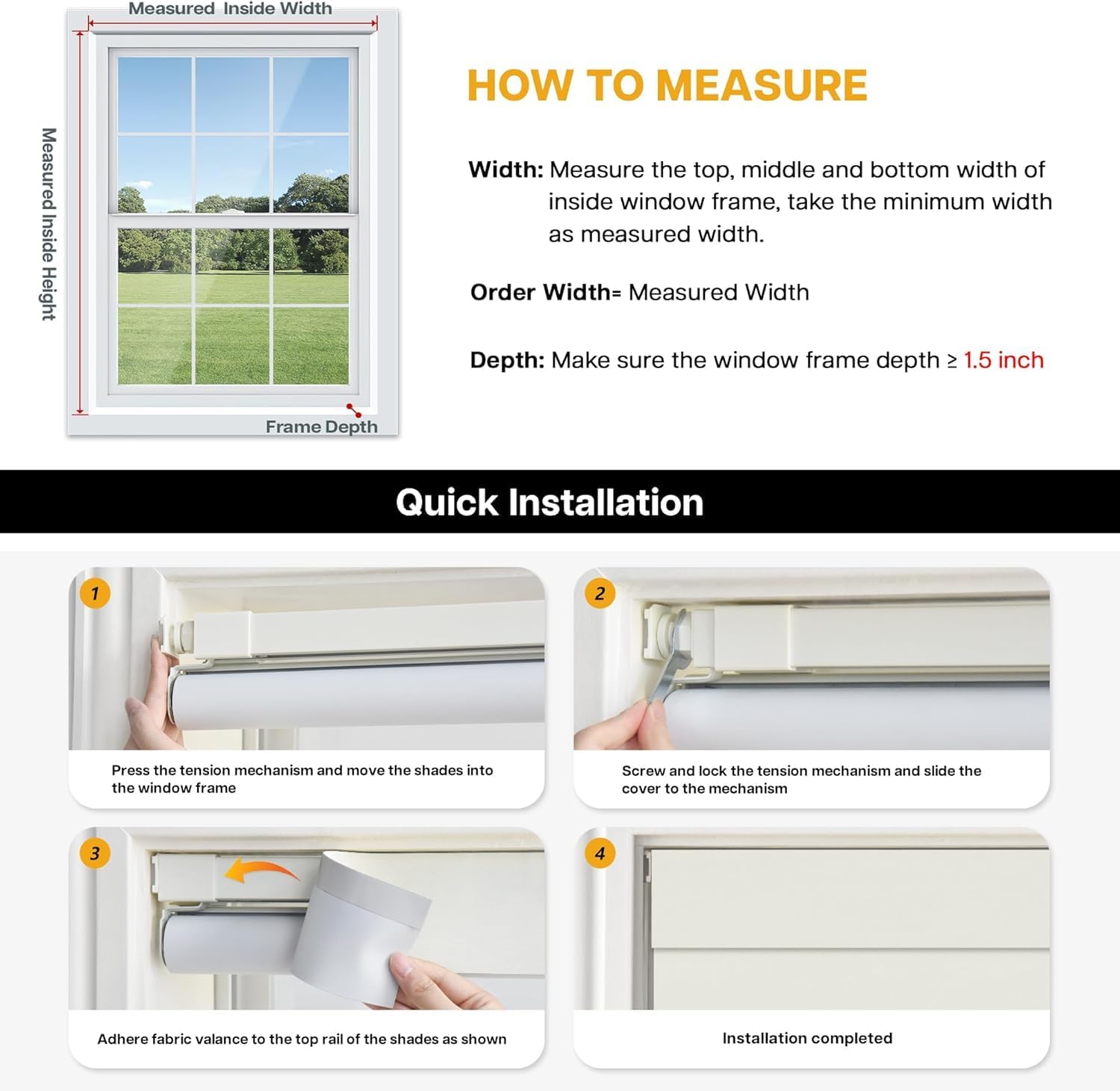 LazBlinds No Drill Blinds for Indoor Windows, Blackout Roller Shades, Cordless Window Blackout Blinds, Thermal Insulated Fabric UV Protection for Home and Office, 40" W x 72" H, Black