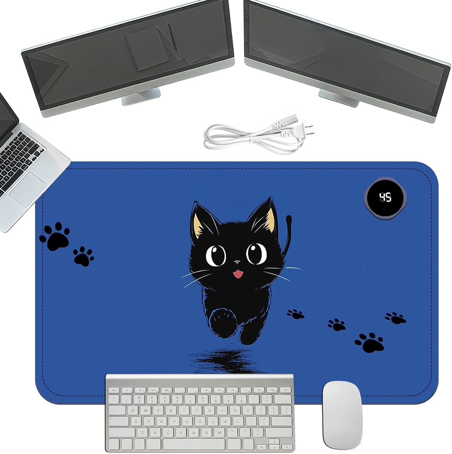 Heated Mouse Pad with 3 Temperature Settings(104°F–122°F),Large 24x14.2 Inch PU Leather Heated Desk Mat,Waterproof Warming Pad for Office,Gaming & Cold Hands Relief,Cute Black Cat