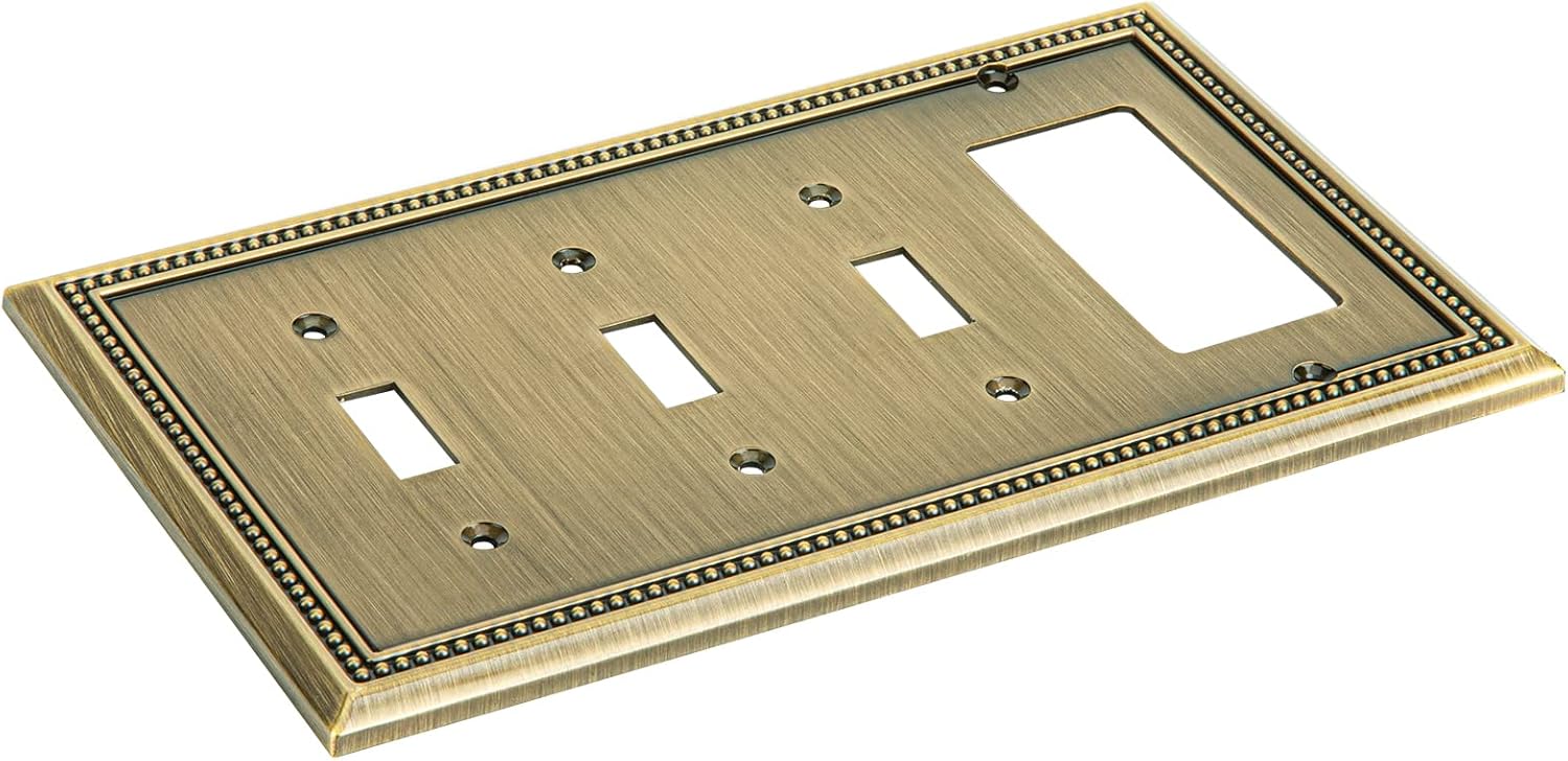 Henne Bery Sunken Pearls Heavy Duty Decorative Wall Plate Switch Plate Outlet Cover (Triple Toggle/Single Decorator, Antique Brass)