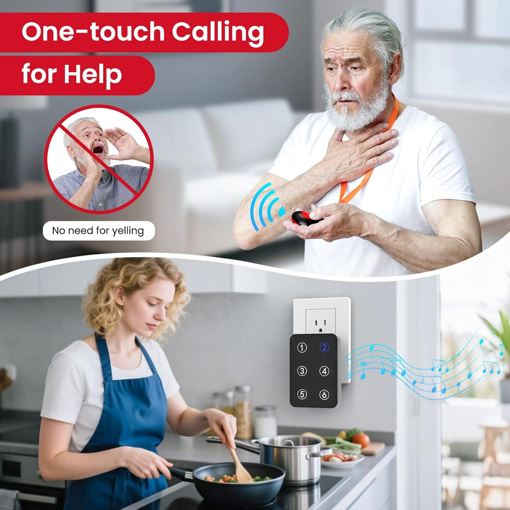 CallToU Wireless Call Button Caregiver Pager Nurse Call System for Elderly/Patients at Home/Hospital with Voice Announcements and LED Number Display (6 Waterproof Call Button & 1 Receiver)