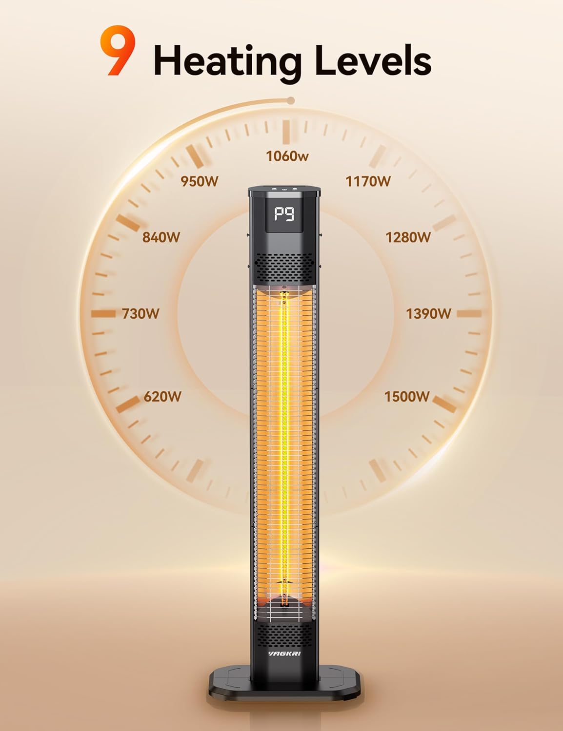 VAGKRI 42" 1500W Electric Outdoor Infrared Heater with Remote, 9 Heat Levels, 24H Timer, 1S Fast Heating, IPX5 Waterproof Tower Space Heater for Home, Office, Patio, Garage