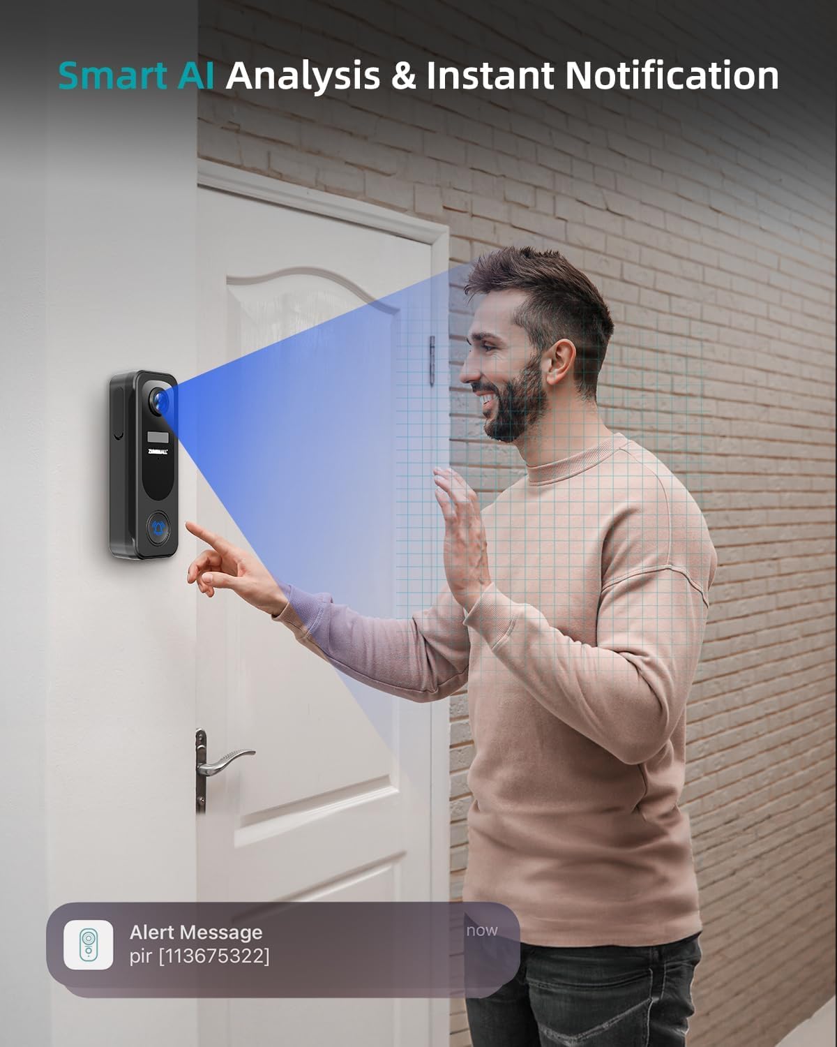 ZUMIMALL Doorbell Camera Wireless No Subscription - 2K Video Doorbell with Chime, 2 Way Audio, Anti-Theft, PIR Human/AI Detection, Local/Cloud Storage, 2.4GHz WiFi, Battery Powered, Work with Alexa