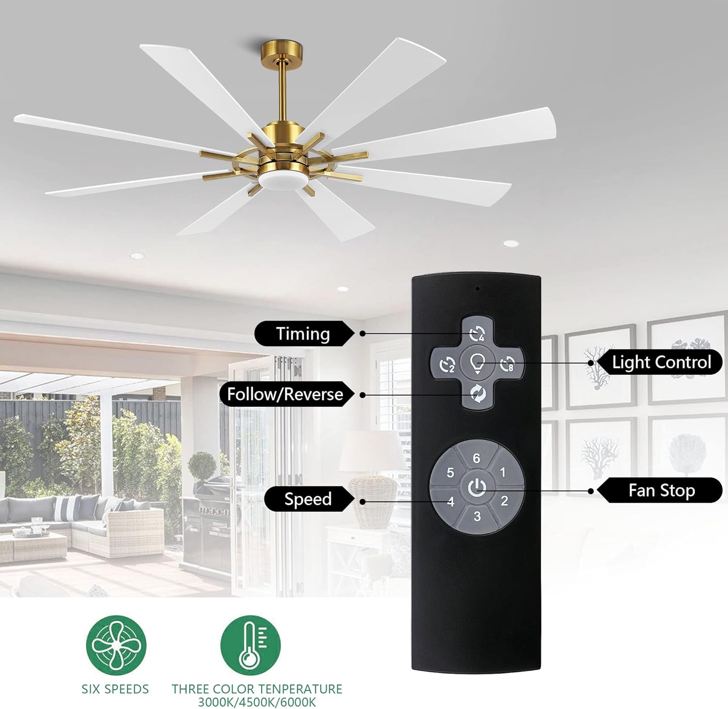 WINGBO 72" DC Ceiling Fan with Lights, Gold and White Ceiling Fan with 3 Downrods, 8 Plywood Blades, 6-Speed Reversible DC Motor, Modern Ceiling Fans Indoor for Kitchen Bedroom Living Room