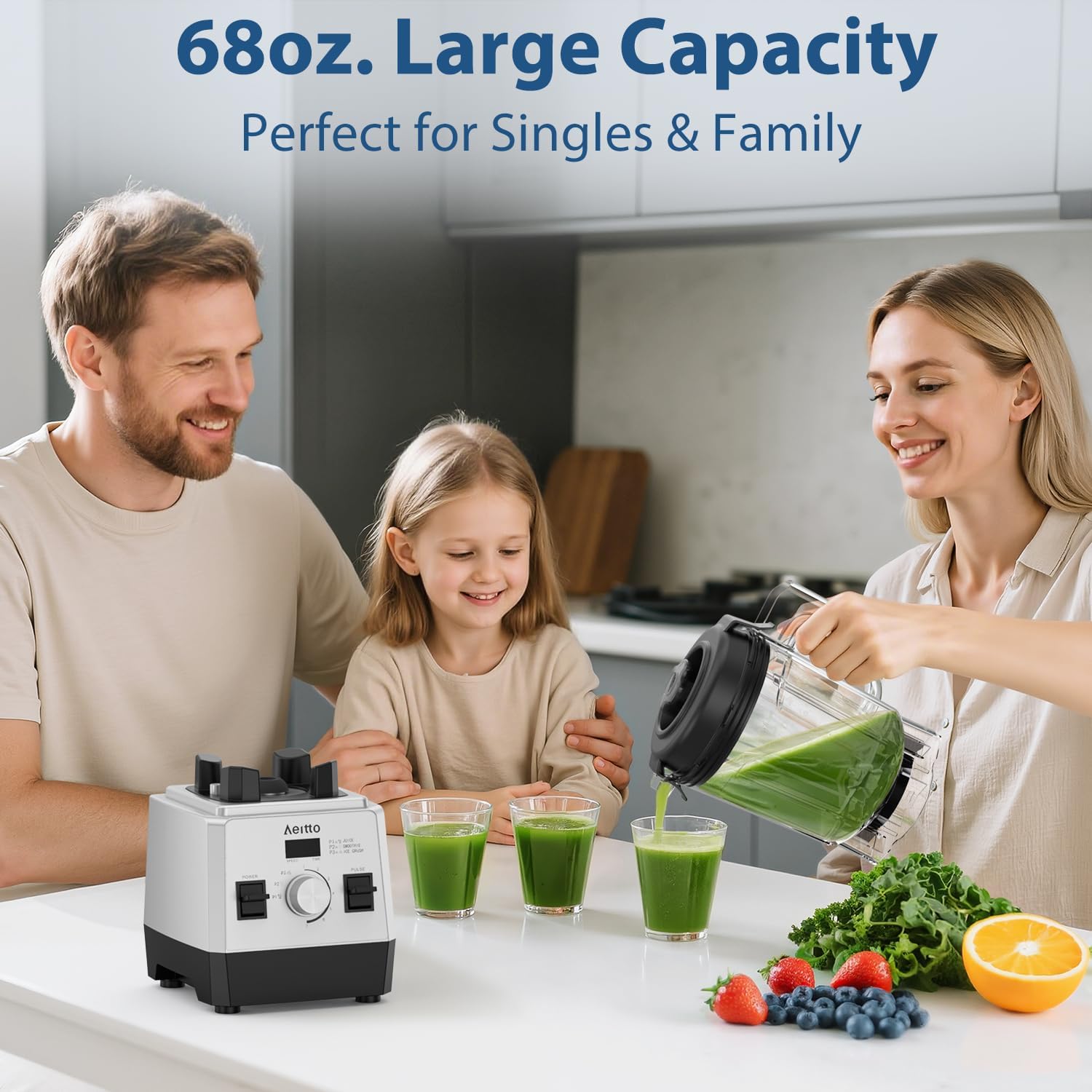 Aeitto Blenders for Kitchen with 68Oz. Jar, 1800W Max Power Smoothie Blender, 3 Preset Programs & 7 Speeds, Professional Countertop Blender for Smoothies, Ice Crush, Frozen Drinks, Generation2 Silver