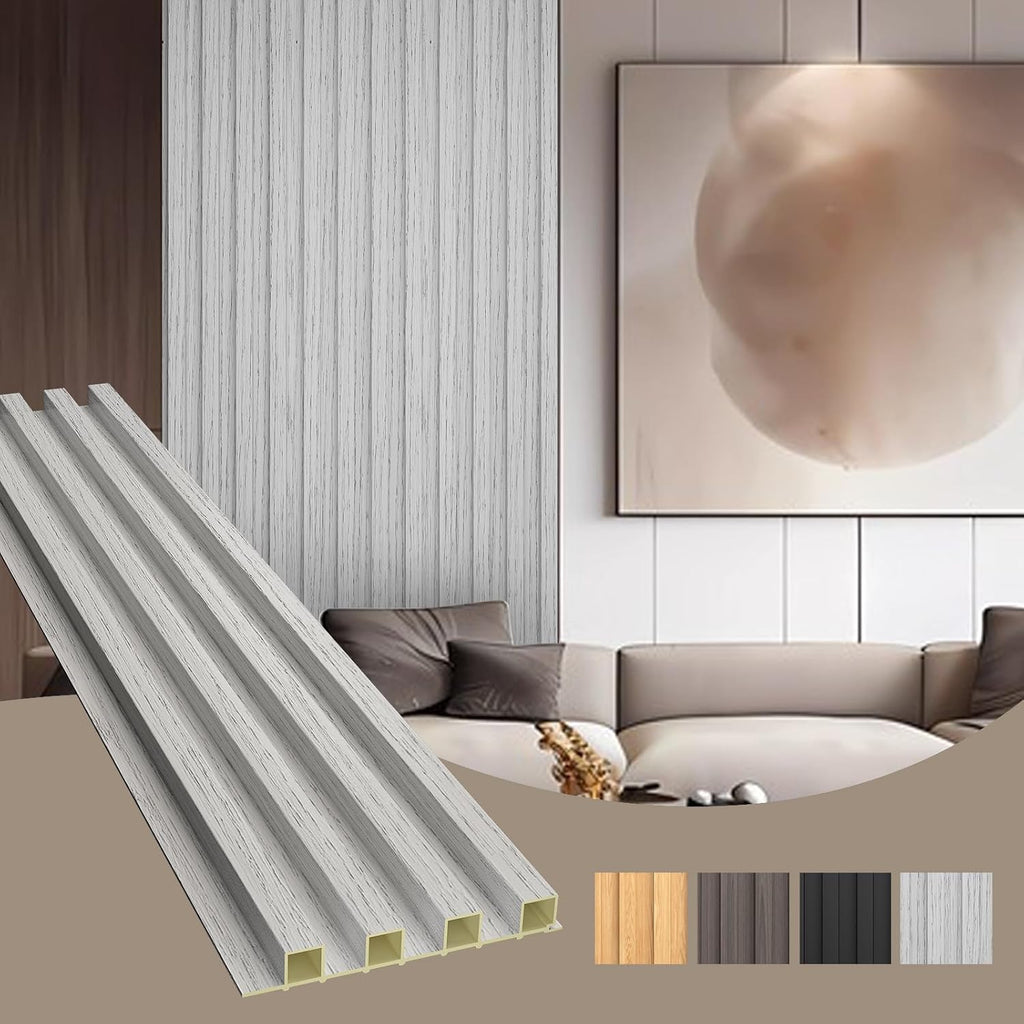 OUZUGIE WPC Acoustic Slat Wall Paneling, 8-Pack 114 x 6 Inches 3D Wall Panels for Interior Wall Decor,Living Room,TV Background,Study Room,Office Spaces,Bedroom,High Grille (Grey)