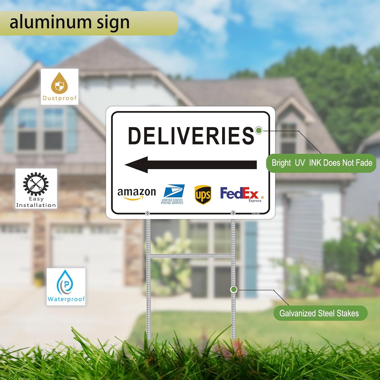Deliveries Sign with Stake 12”x8” Delivery Sign with Arrow Left Aluminum Metal Delivery Instruction for Packages Easy Installation for Home