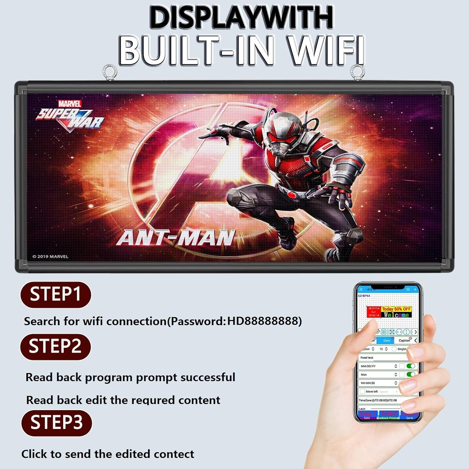 MNY Outdoor Scrolling Led Sign WIFI Programmable P6 40’’x18’’,High Brightness LED Digital Display Sign Custom Banner for Businesses Advertising,Support Scrolling Texts, Images and Video