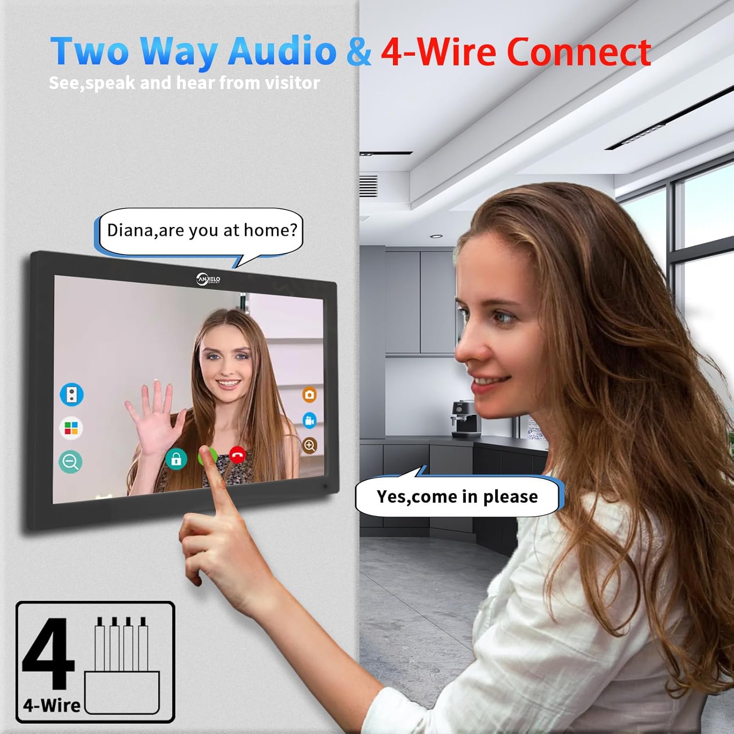 ANJIELO SMART Wired Video Doorbell Apartment Intercom System,4 Family Units 10 Inch Touch Monitor,3 in 1 Unlocking,Dual Way Intercom Motion Detection Tuya for Villa Home (1 Doorbell(w)+ 4 Monitor(b))