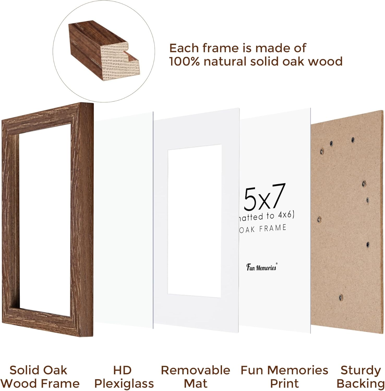 5x7 Picture Frame, Solid Oak Wood 5 x 7 Frame with Plexiglass, 5 by 7 Photo Frame for Wall & Tabletop Display, 5x7 Picture Frame Matted to 4x6, Walnut Color, 3 Pack