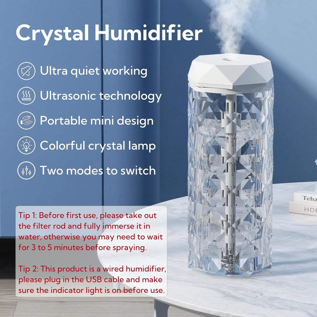 Portable Small Humidifier Dual Nozzle - Large Cool Mist Humidifiers Double Spray Ports, Water Shortage Protection, Ultra-Quiet, Mini Humidifier for Bedroom Plants Office Car Travel (Crystal Lamp)