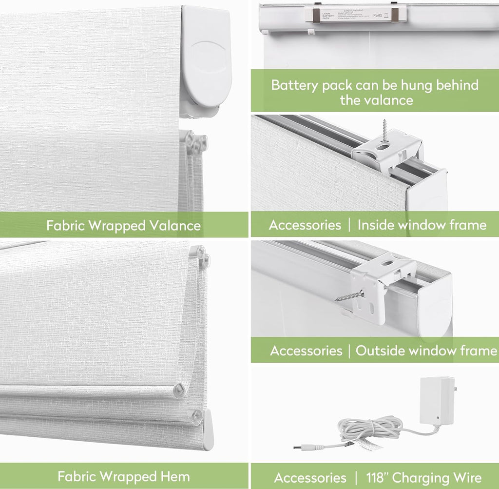 ZSTARR Smart Roman Shades Rechargeable Motorized Blinds with Remote Full Blackout Roman Window Shades Plain Fold Soft for Doors Bedroom, Custom Size (White)