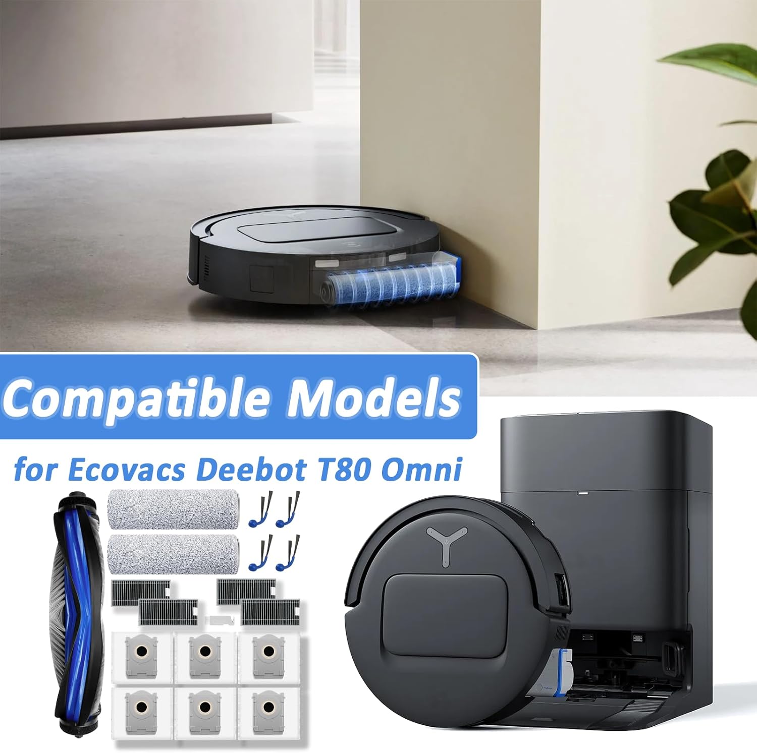 Replacement Parts for ECOVACS DEEBOT T80 Omni Robot Vacuum, Accessories Kit 1 Zero Tangle Main Brush, 2 Roller Mop, 6 Dust Bags, 4 Side Brush, 4 HEPA Filter, 1 Cleaning Brush