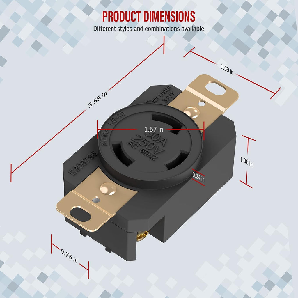 ENERLITES NEMA L6-30R Flush Mounting Locking Receptacle for Generator, Twist Lock Outlet, 30 Amp, 250 Volt, 2 Pole, 3 Wire Grounding, Industrial Grade Heavy Duty, UL Listed, 66460-BK, Black
