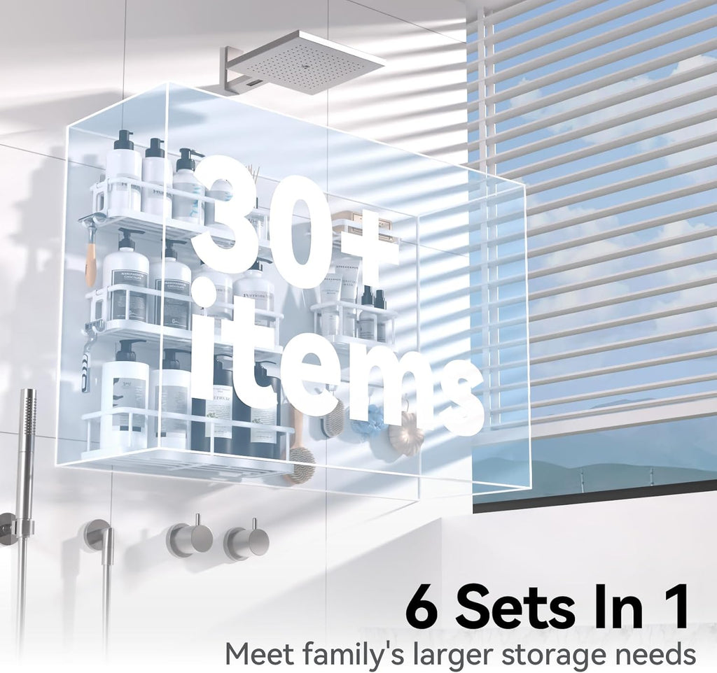 YASONIC Shower Caddy, 6 Pack Large Capacity shower organizer with Soap Holder and 12 Hooks, Rustproof Shelves for Inside Shower, No Drilling&Sleek Bathroom Organizers and Storage White