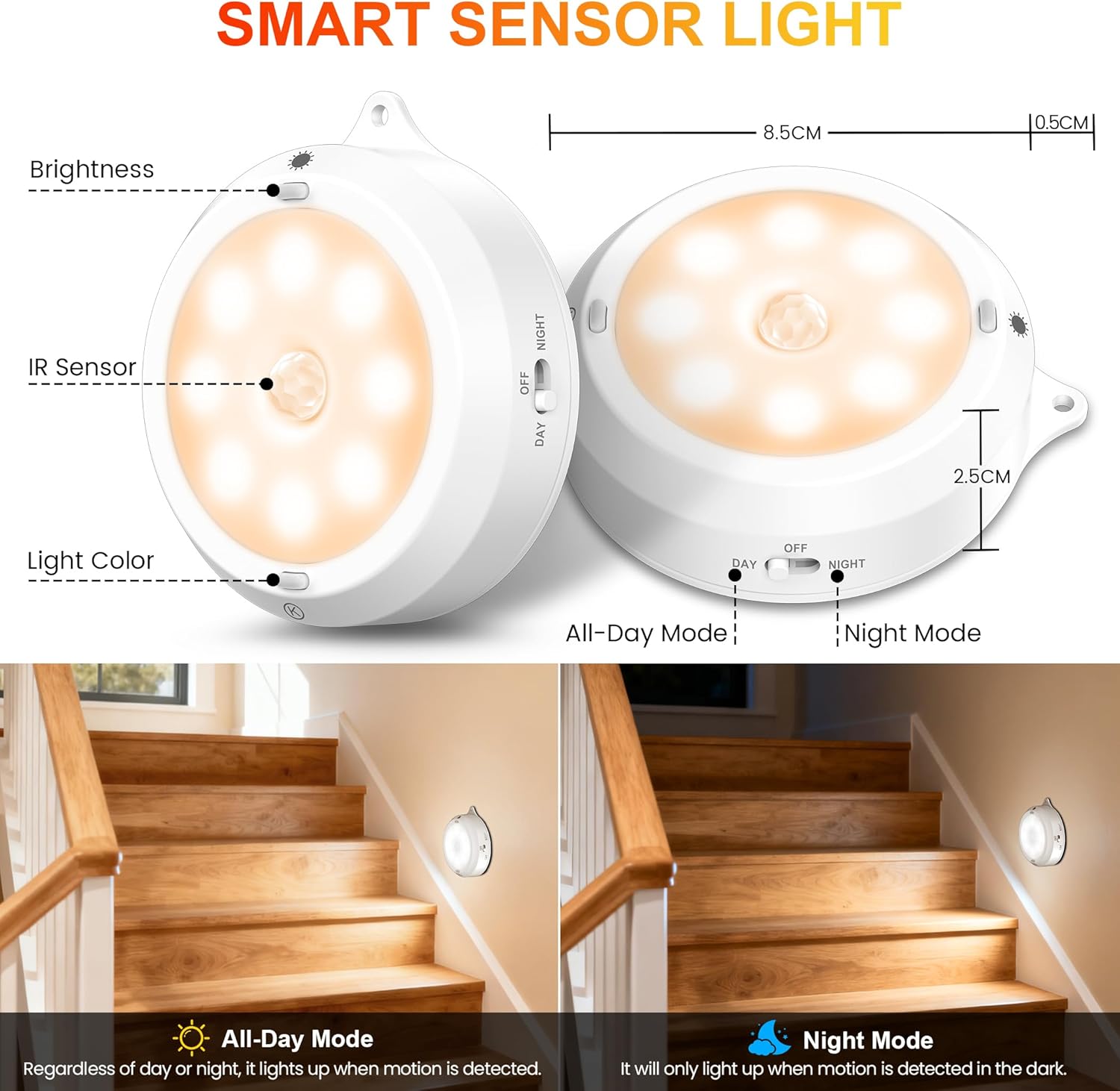 YiaMia Motion Sensor Under Cabinet Lighting - 3 Pack, 3 × AA Battery Operated Smart Wireless Night Light, 3 Light Colors + Dimming, Indoor Stair Light Suitable for Kitchen, Wardrobe and Hallway