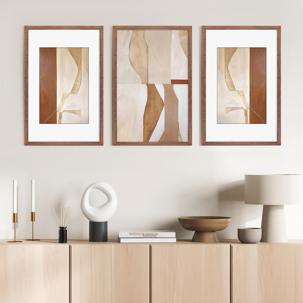 11x17 Picture Frame Set of 3, Solid Oak Wood 11 x 17 Frames with Tempered Glass, 11x17 Frame Matted to 8x12, Rustic Wooden 11 by 17 Poster Frames for Wall