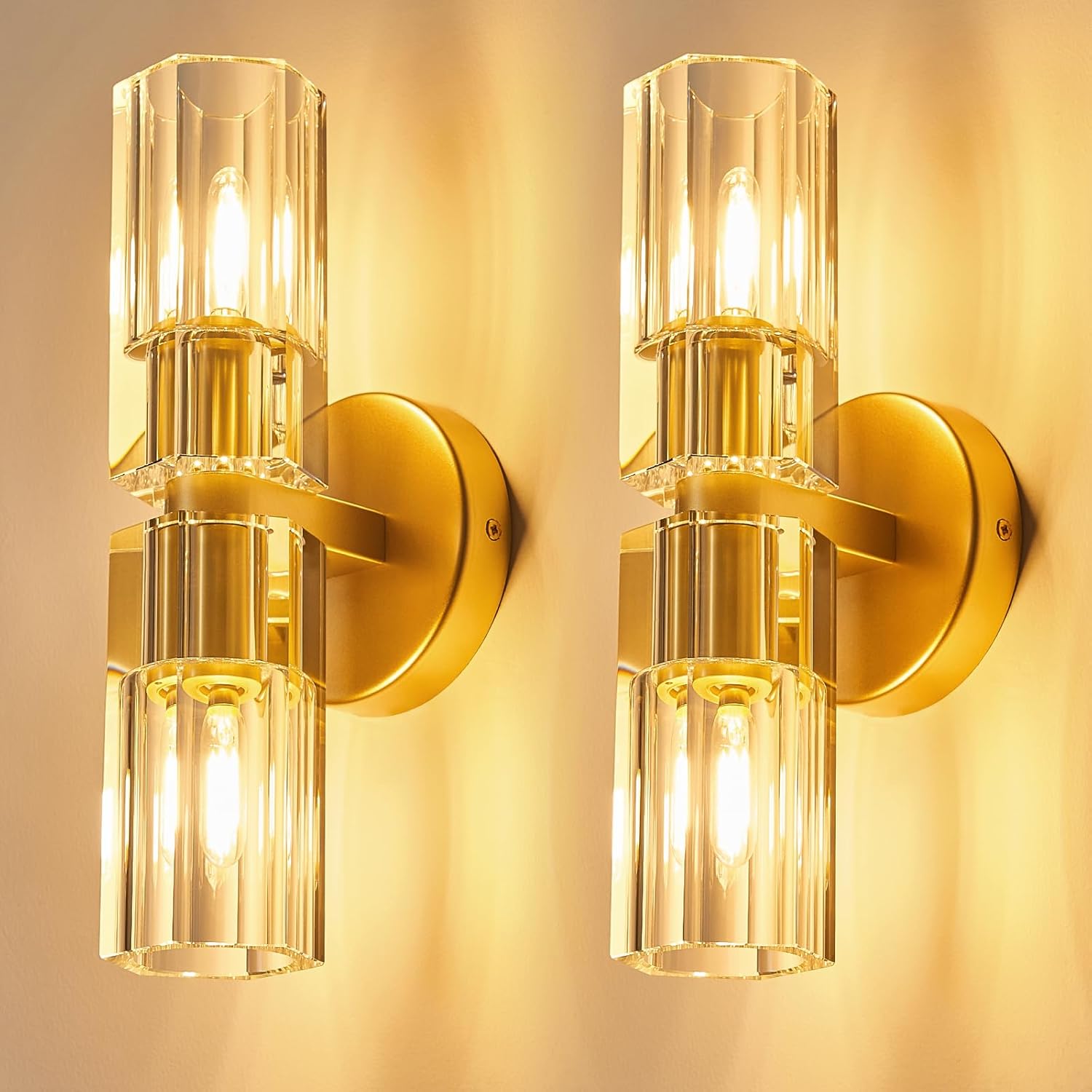 Modern Gold Wall Sconces Set of Two Bedroom Crystal Wall Sconces Indoor Sconces Wall Lighting Living Room Sconces with K9 Crystal Lampshade for Bathroom Hallway Entryway Stairway