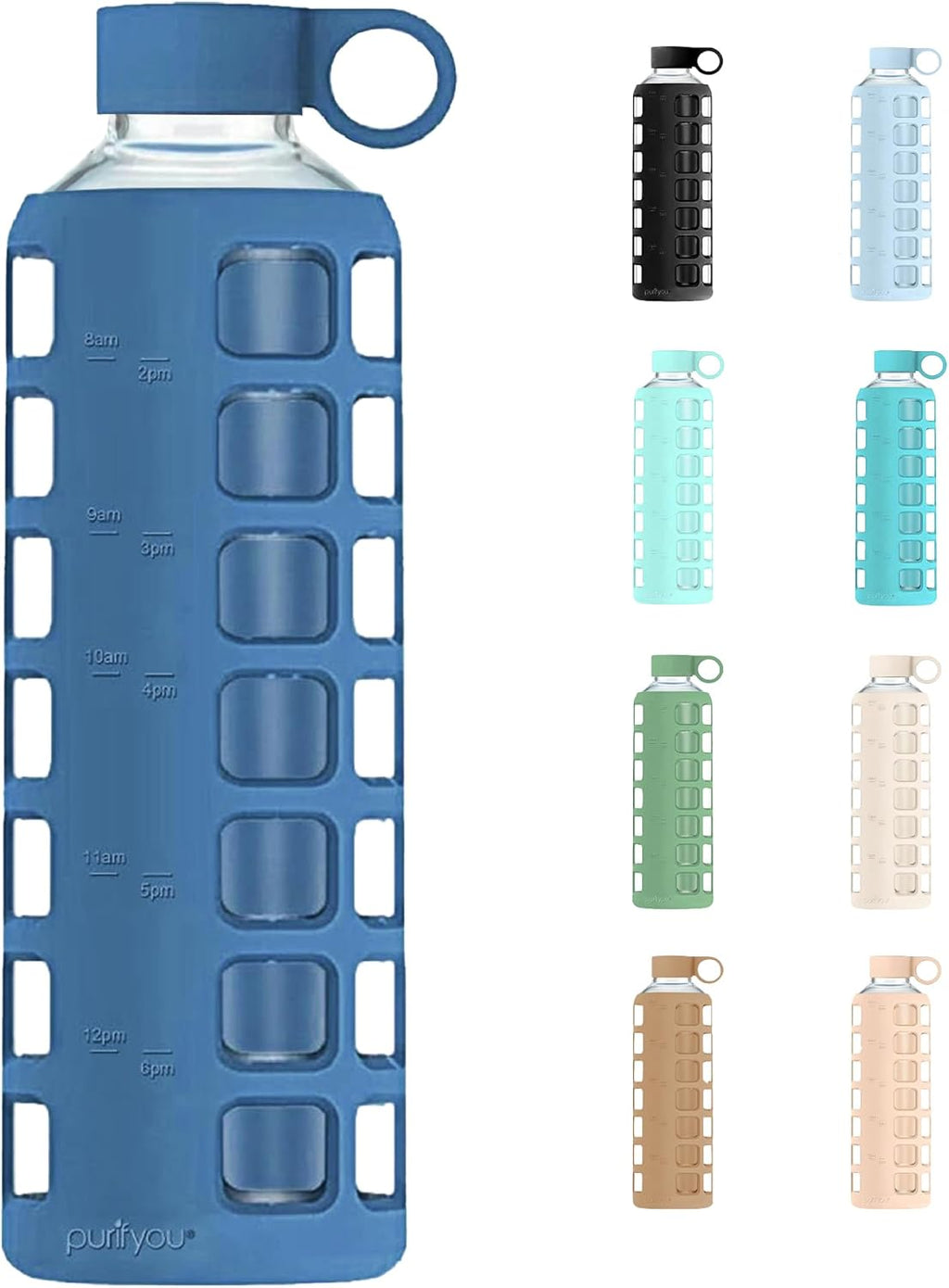 purifyou 40oz / 32oz / 22oz / 12oz Borosilicate Glass Water Bottle with Time & Volume Markers, Silicone Sleeve, Stainless Steel Lid | Reusable Glass Bottle for Water & Juice (40oz Chinese Porcelain)
