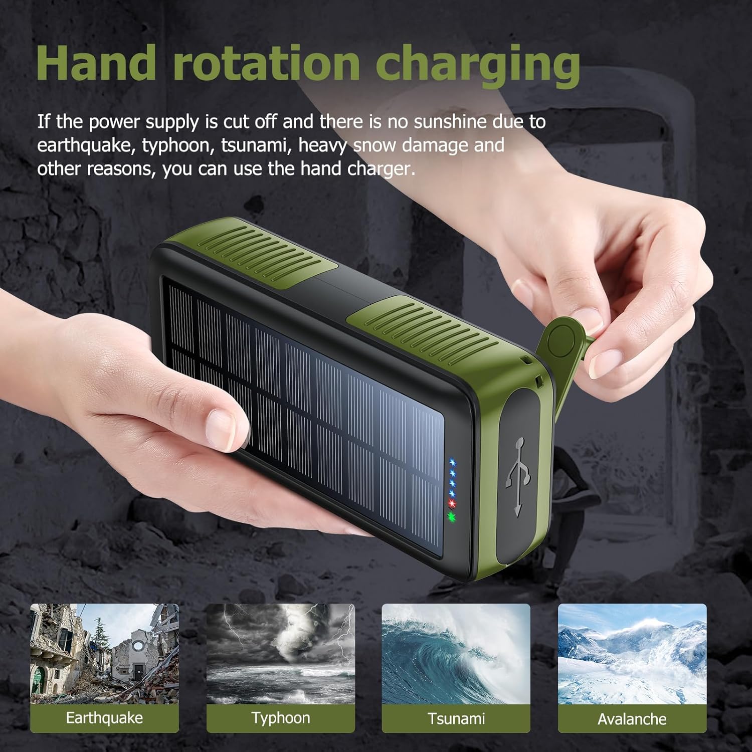 Solar Charger Power Bank 63200mAh, Portable Charger with Dual Outputs & Dual Inputs 4 LEDs Flashlight, Hand Crank Power Bank Fast Charging Battery Pack for Outdoor Camping Survival Gear (army green)
