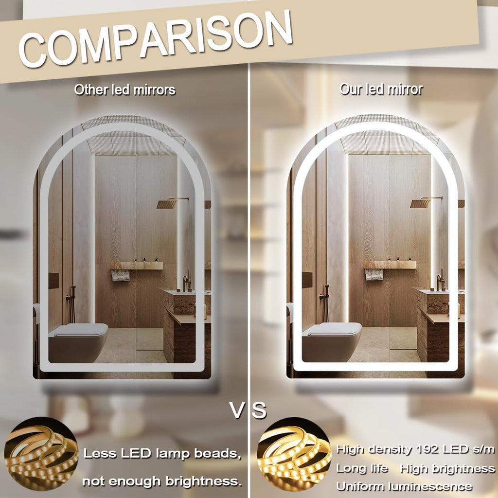 THEKLA 16 x 24 Inch LED Arched Mirror with Lights Memory 3 Color Adjustable Brightness Frontlight Arch Lighted Vanity Mirror for Bathroom Wall TableTop AntiFog 24" Bathroom Smart Arch Light up Mirrors