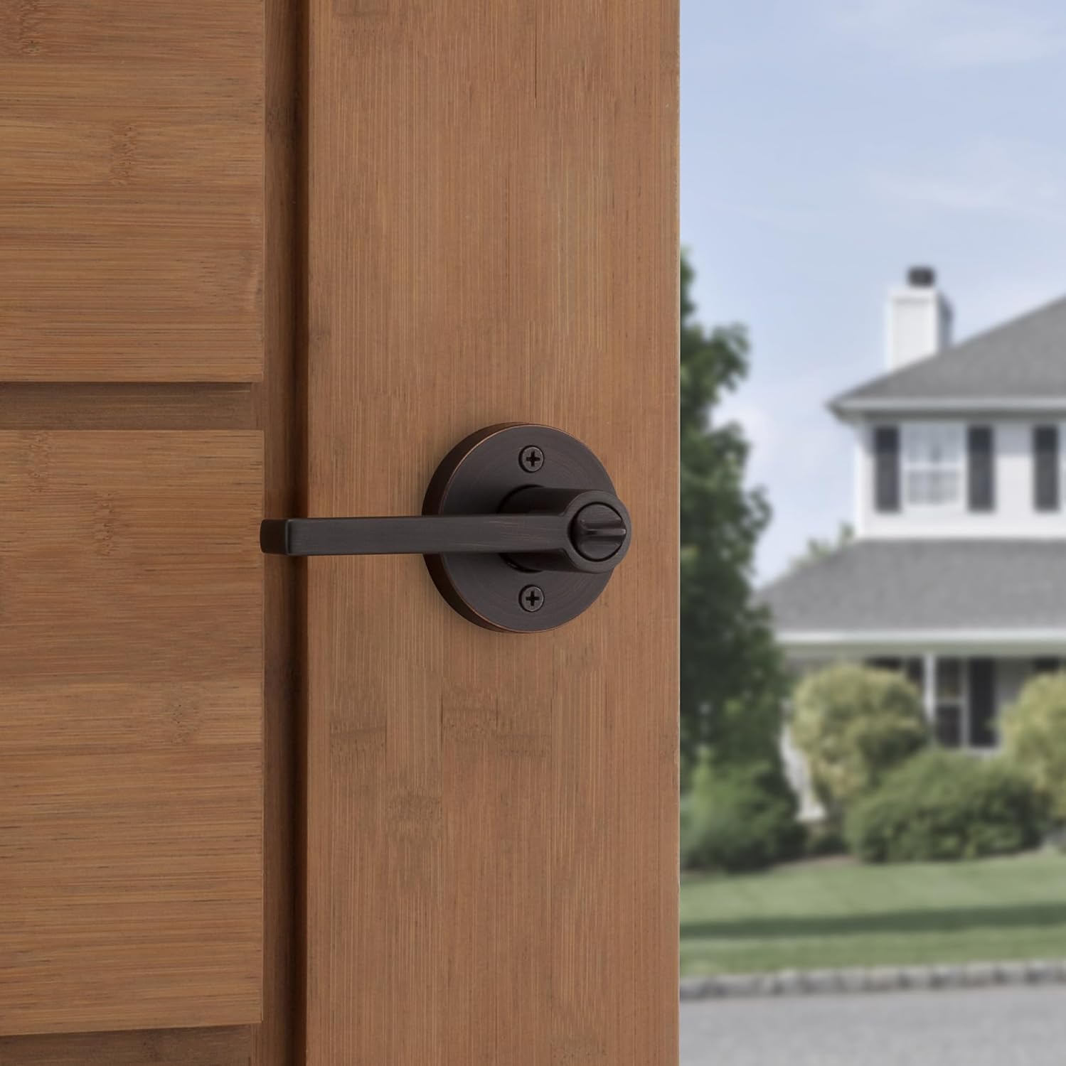 Kwikset Halifax Entry Door Handle with Lock and Key, Secure Round Keyed Reversible Lever Exterior, For Front Entrance and Bedrooms, Venetian Bronze, Pick Resistant Smartkey Rekey Security and Microban