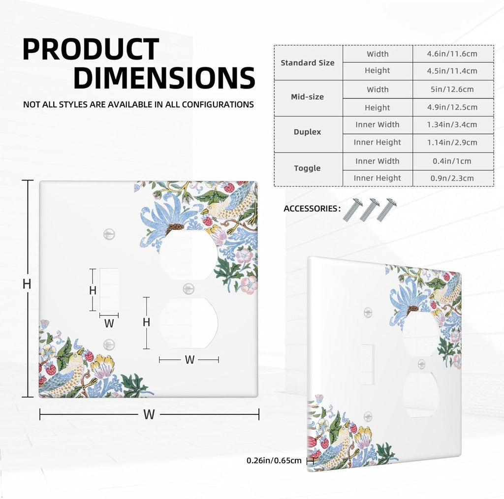 Decorative Outlet Covers Retro Morris Strawberry Rustic Plant Bird 2 Gang Wall Plate Cover Single Toggle Duplex Combo Two Switch Light Switch Cover Plate Jumbo Faceplate