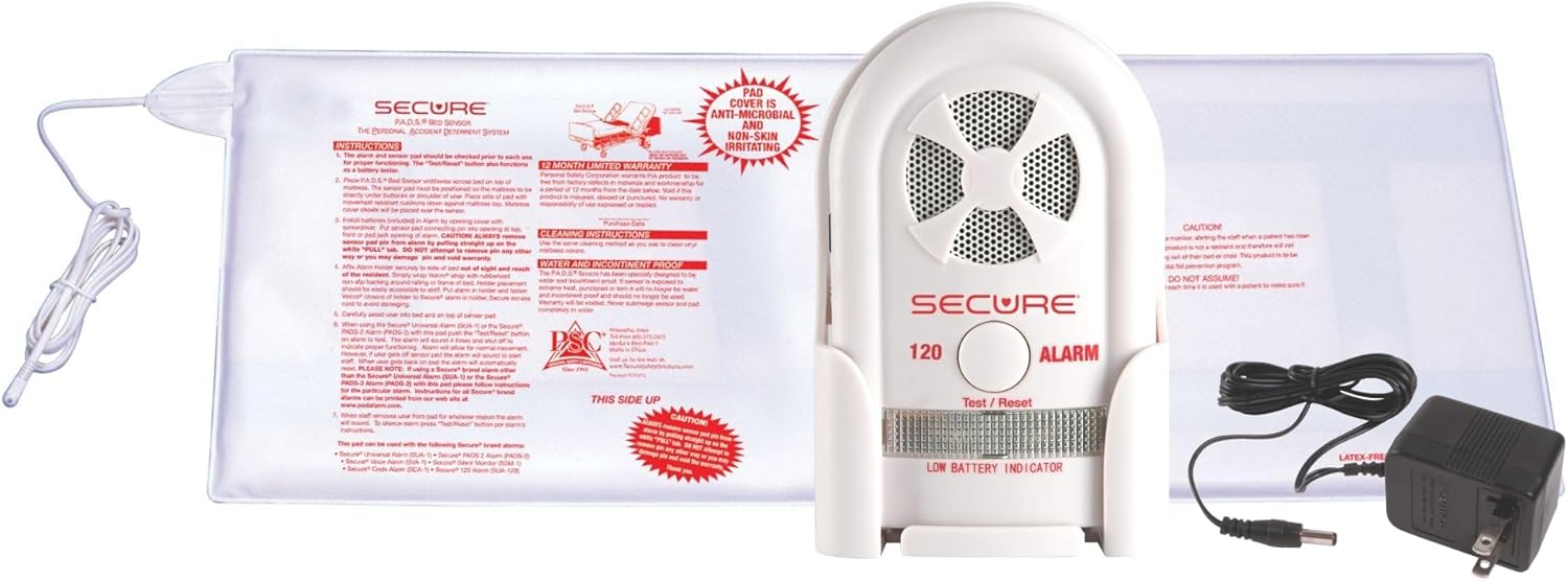 Secure Bed Alarm for Elderly Adults - Long-Term 12 x 30 in. Pressure Sensor Pad, 120 dB Caregiver Alert Monitor & Power Adapter - Smart and Reliable Fall Prevention for Seniors, Dementia Patients