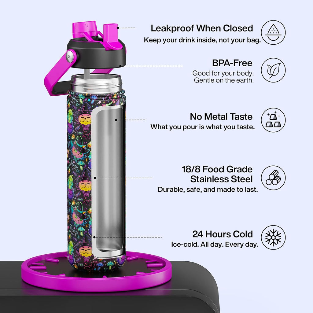 ENCOOL Insulated Water Bottle with Straw Stainless Steel Water Bottle, Leak-Proof, BPA-Free, Double Wall Vacuum Keeps Cold for 24 Hours for Sports, Travel, School (26 oz, Meowgic Night)