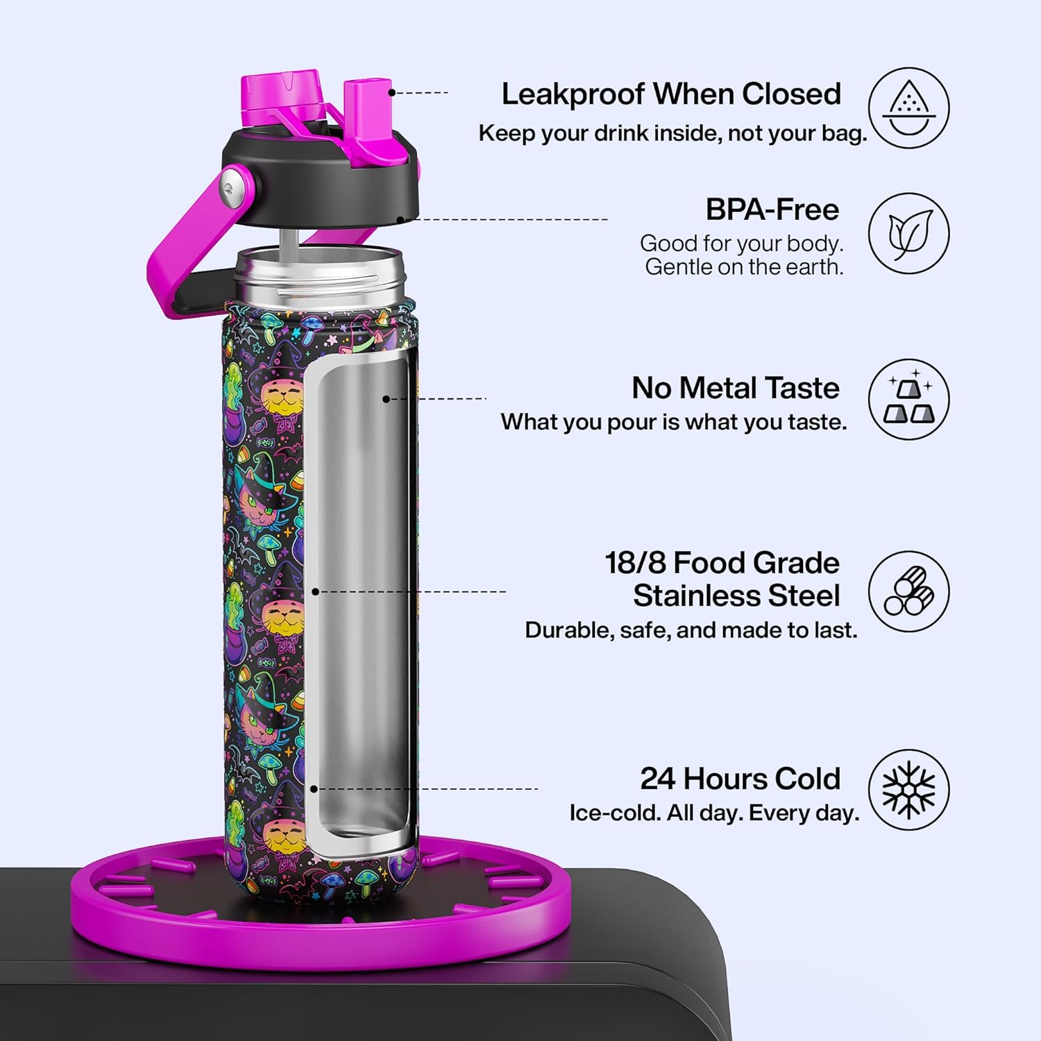 ENCOOL Insulated Water Bottle with Straw Stainless Steel Water Bottle, Leak-Proof, BPA-Free, Double Wall Vacuum Keeps Cold for 24 Hours for Sports, Travel, School (26 oz, Meowgic Night)