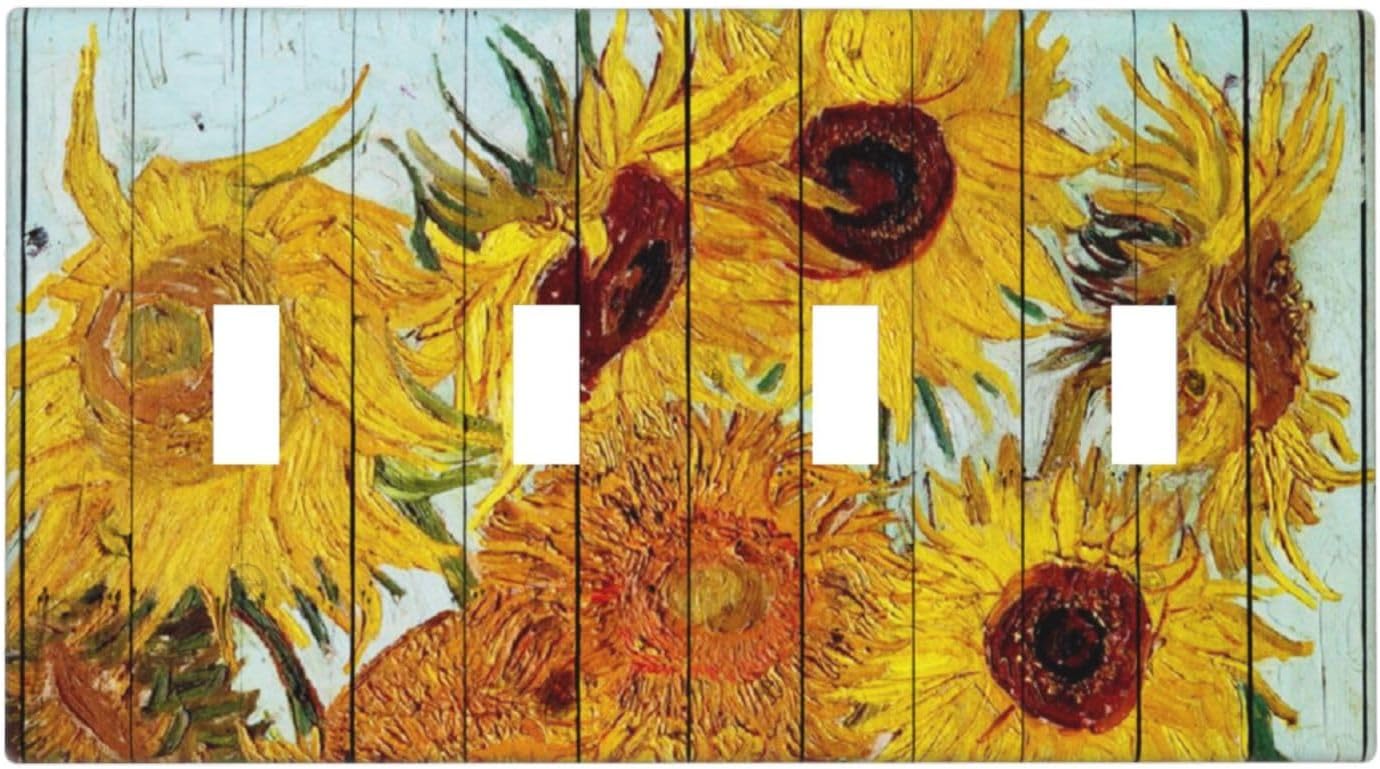 Light Switch Covers Sunflowers Oil Paintings Wood Floral Quad Toggle Electrical Faceplate 4 Gang Wall Plate Decorative Switch Plates For Farmhouse Bed Room Decor