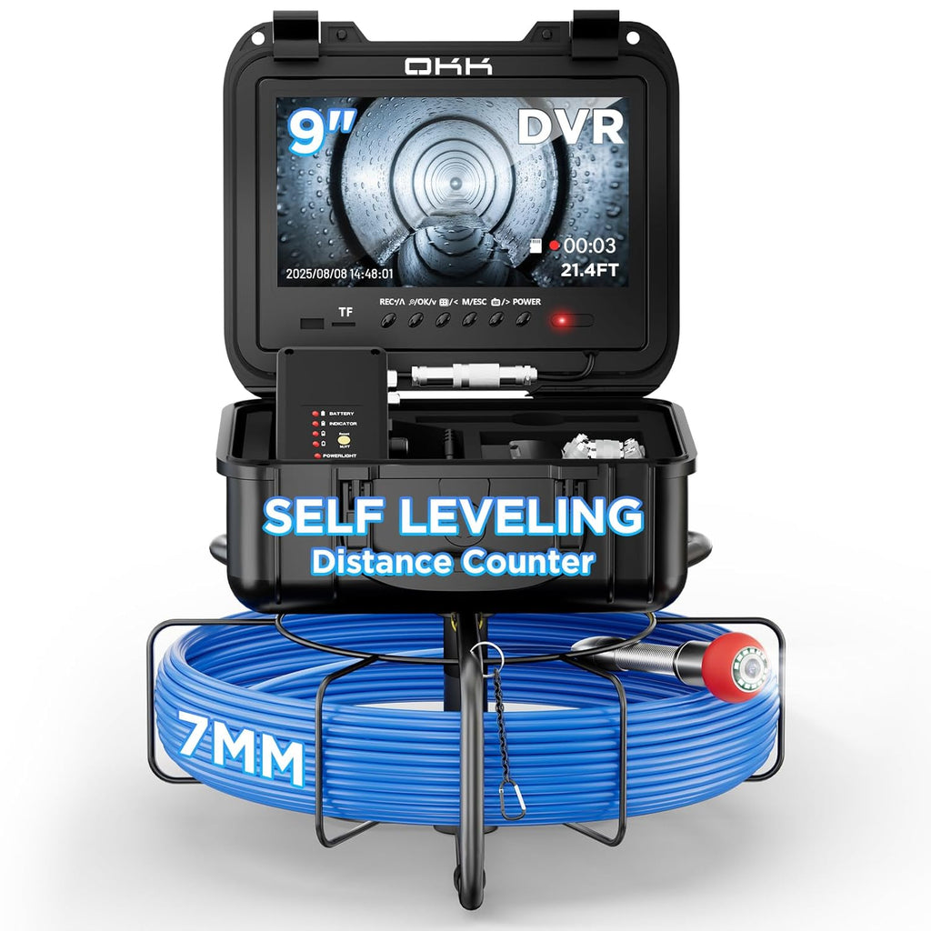 Sewer Camera, Self-Leveling Drain Camera with 7mm Thicker Cable, 100ft/30M Range, 9" 1080P HD Monitor, IP68 Waterproof for Pipe Inspection, DVR Snake Cam with Distance Counter & 32GB Card
