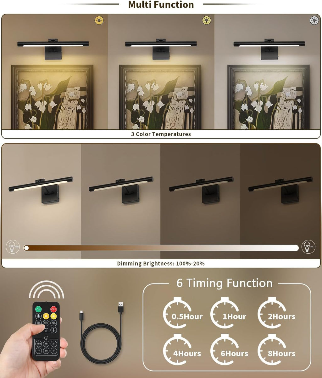 Joosenhouse Battery Operated Picture Light Rechargeable Art Light Wireless Gallery Light with Remote Control and Timed Dimmable with Single Swing Arm 16.54 Inch Warm White Black