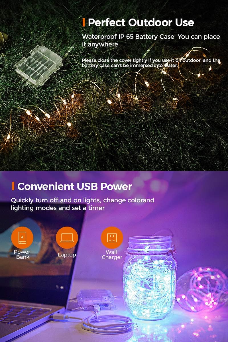 OMIKA 16.4ft 50 LEDs16 Color Battery Operated & USB Powered String Lights, with Remote Timer Waterproof Silver Wire Twinkle Lights for Room Garden Patio Indoor Outdoor Decor(132 Modes)