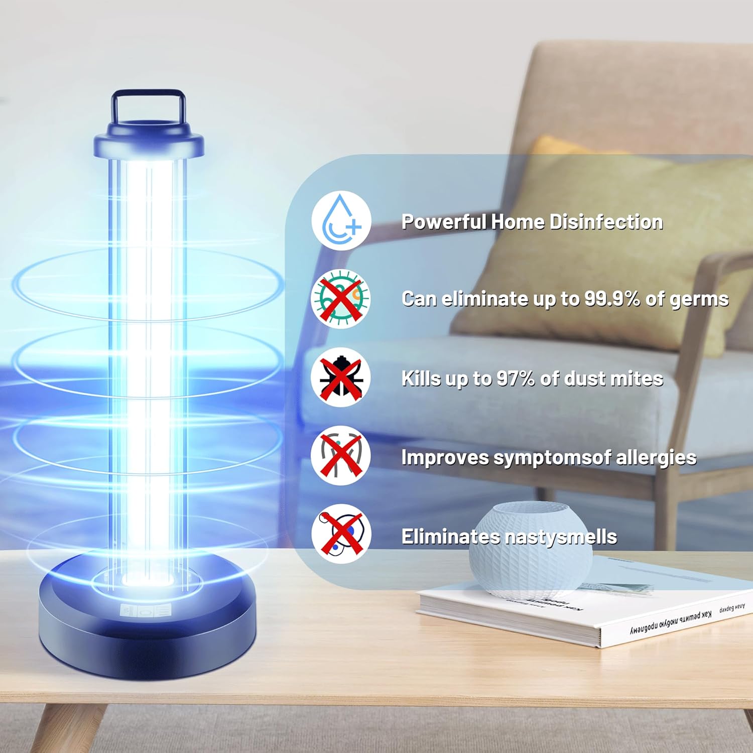 38W UV Sanitizer Light, Portable Ultraviolet Light with 3-Gear Timer, 110V, 99.99% UVC Ozone Free UV Lamp for Home, Office, Hotel, School