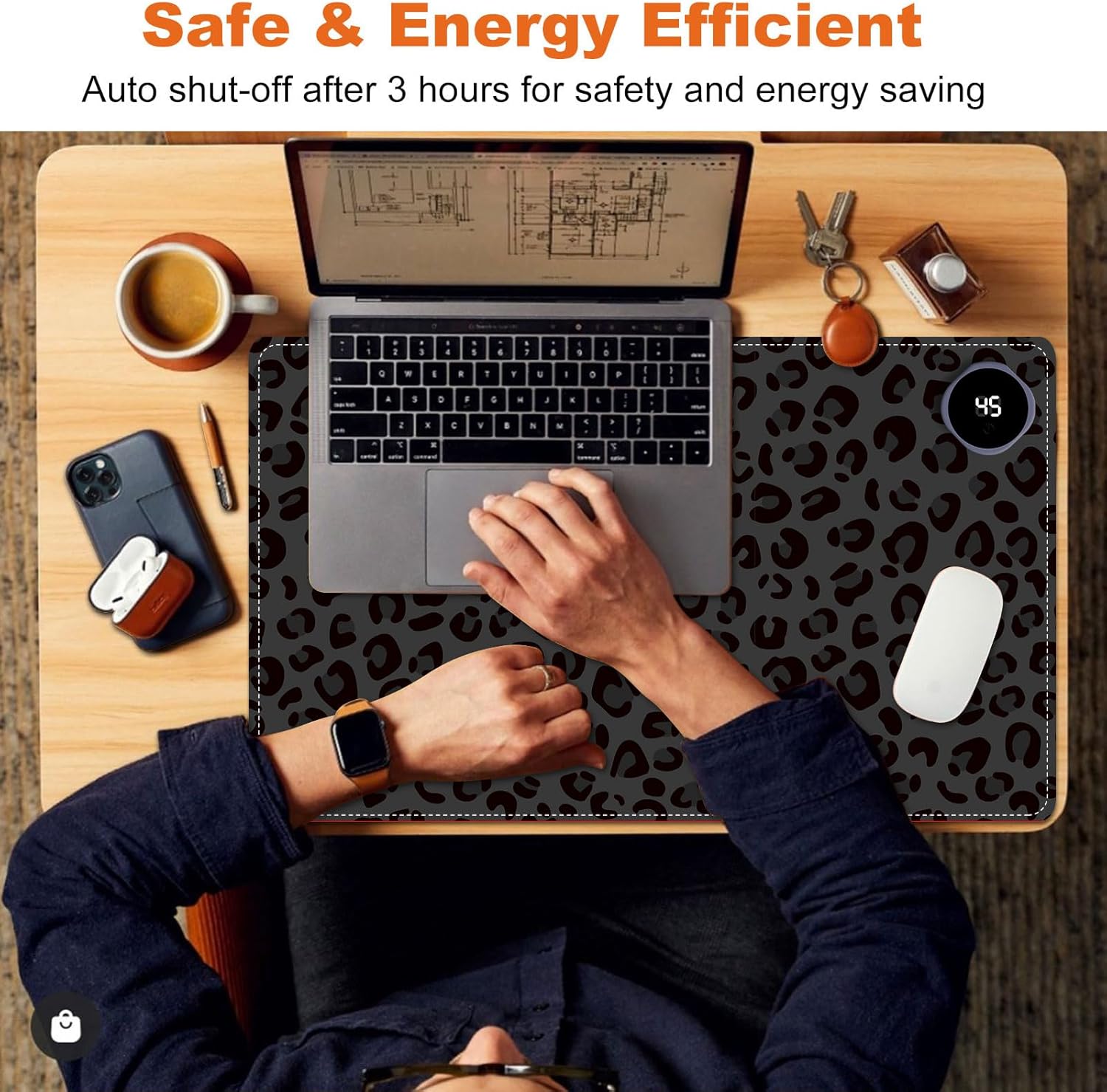 Small Heated Desk Pad 23.6" x 14.2" – Compact Electric Mouse Pad with 3 Heating Levels, Auto Shut-Off, Waterproof PU Surface, Plug-in Warmer for Office or Home Use, Dark Leopard Print