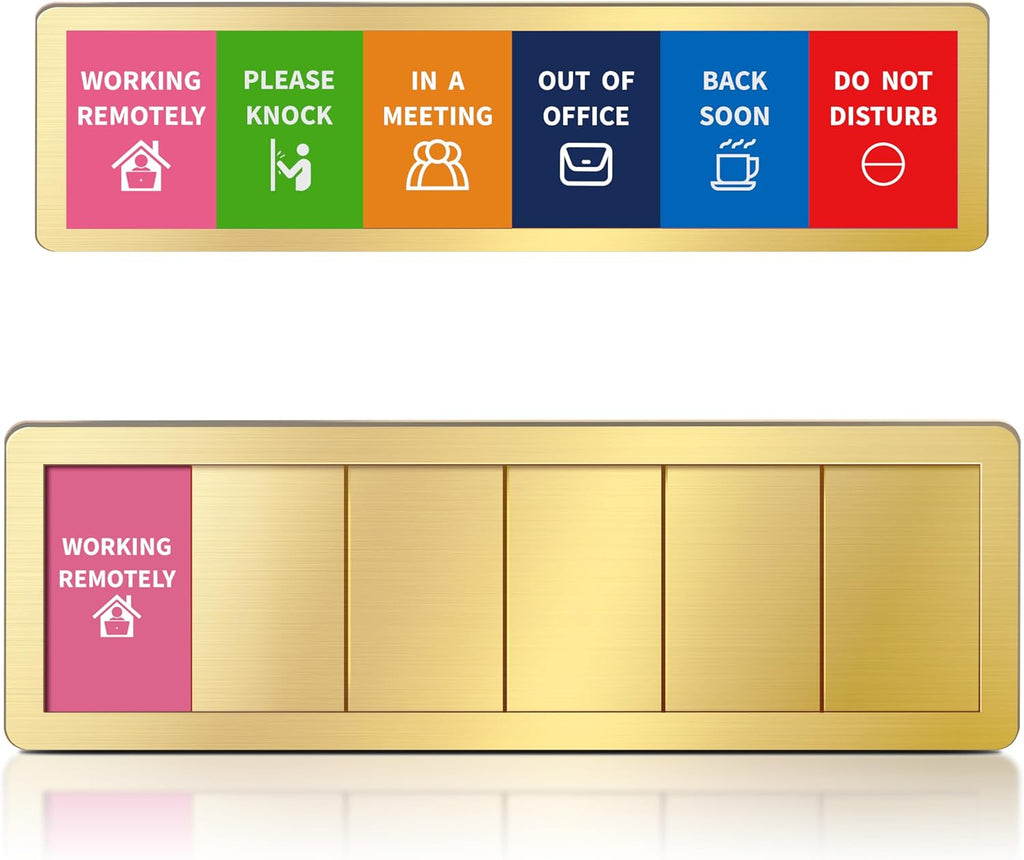 Office Door Signs -6 Options Do Not Disturb, In A Meeting, Out Of Office, Working Remotely, Back Soon Please Knock,Privacy Door Slider Sign for Meeting & Conference Room Brushed Gold