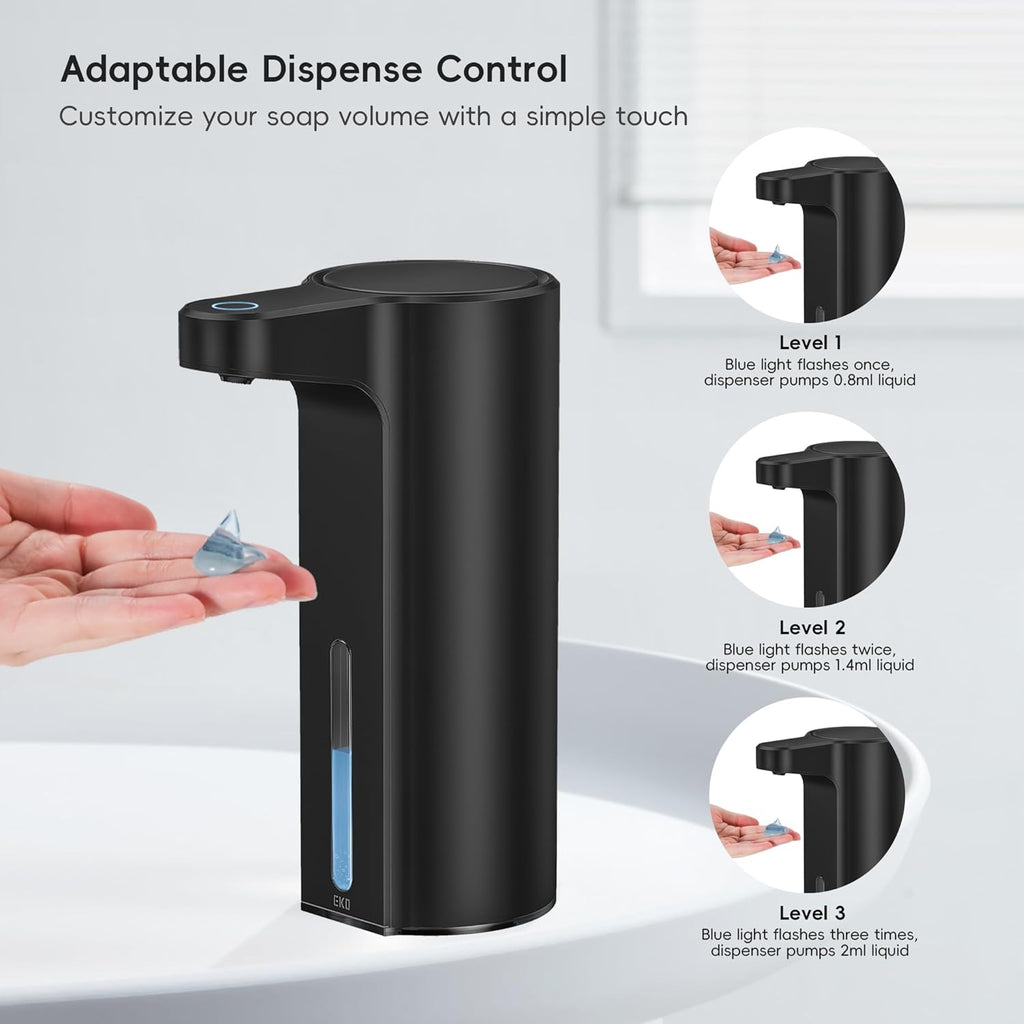 EKO Aroma 9 fl oz Automatic Liquid Soap Dispenser, Rechargeable & Water-Resistant Soap Dispenser for Kitchen and Bathroom with Adjustable Volume Control (Matte Black Steel)