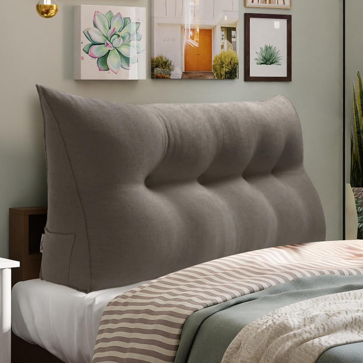 WOWMAX 85% Linen 15% Cotton Blend Headboard Pillow – Full Size Reading Wedge Backrest for Bed, Handmade Firm Support Bolster Cushion with Removable Cover, Premium Bed Rest Pillow, Light Gray