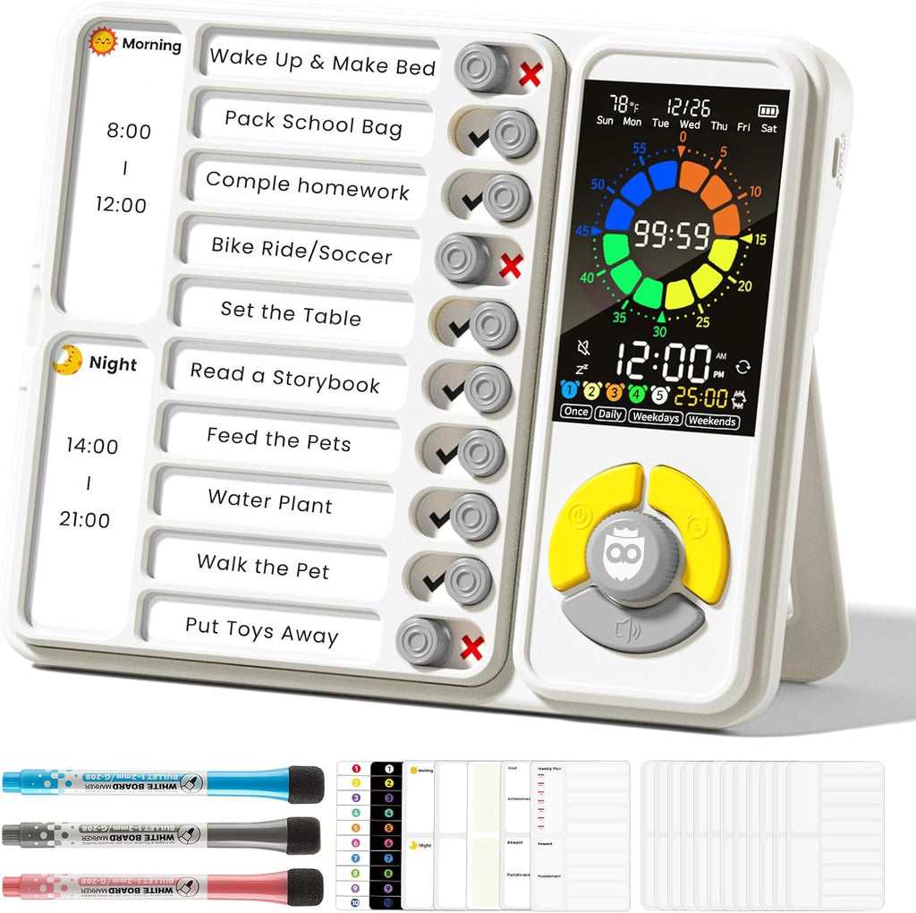 5 IN 1 Visual Timer for Kids/Adults with Chore Chart, ADHD Tools 12/24H Silent Task Timer and Pomodoro Timer, ADHD & Autism Sensory Products, Visual Schedule for Kids Back to School Supplies Off-white