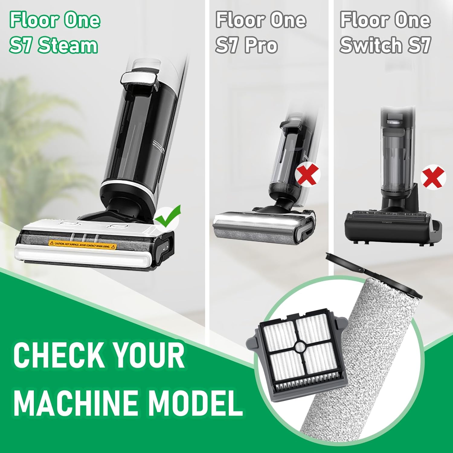 Only Floor ONE S7 Steam Roller Brush Replacement and Vacuum Filter Kit Compatible with Tineco Floor ONE S7 Steam Cordless Wet Dry Vacuum Replacement Parts,2 Roller Brushes,2 Filters,1 Cleaner Brush