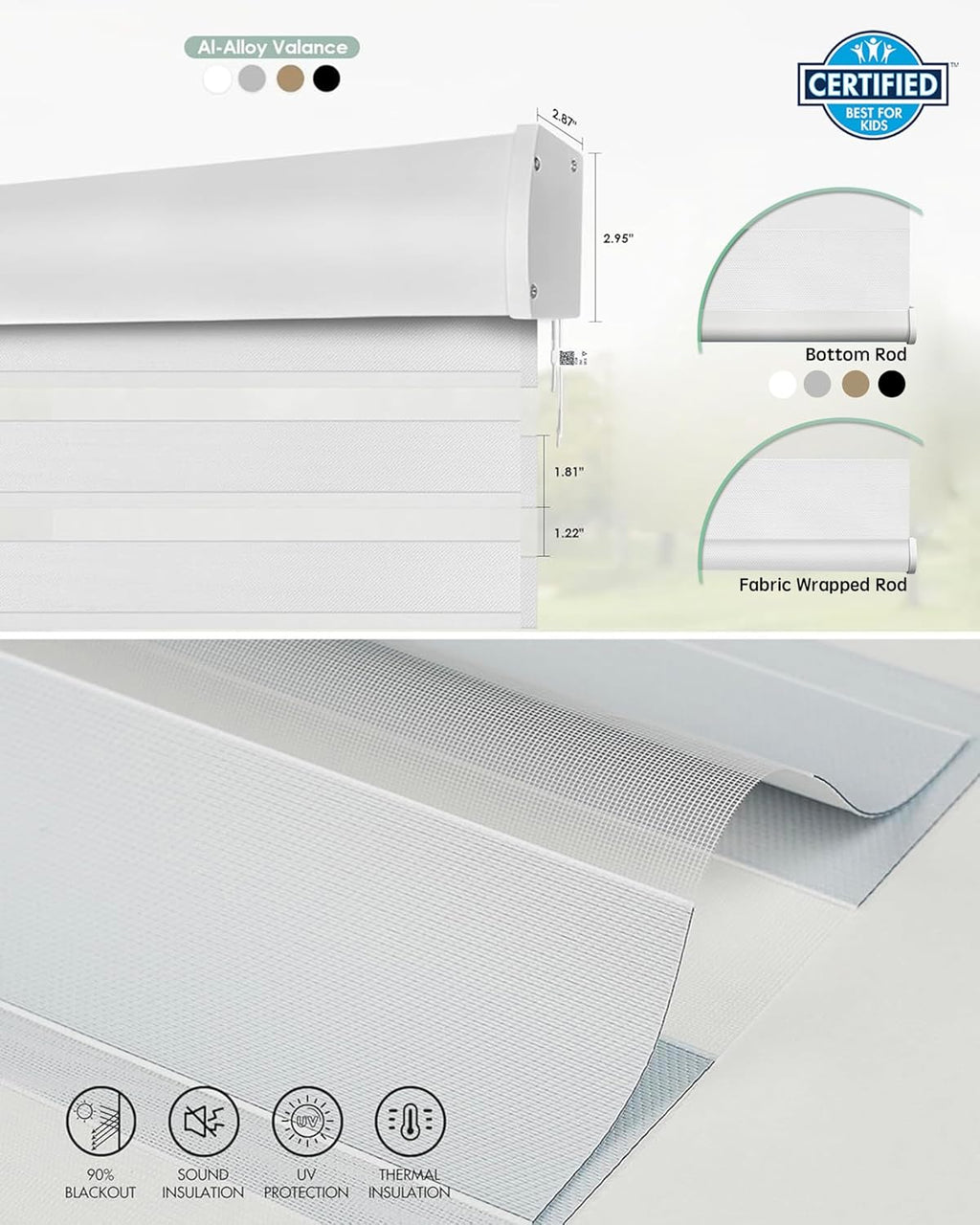 Yoolax Motorized Matter Zebra Blinds Compatible with Alexa, Google Home, Apple HomeKit, Light Filtering Dual Layer Sheer Blinds, Privacy Light Control Horizontal Window Blind (90% Narrow White)