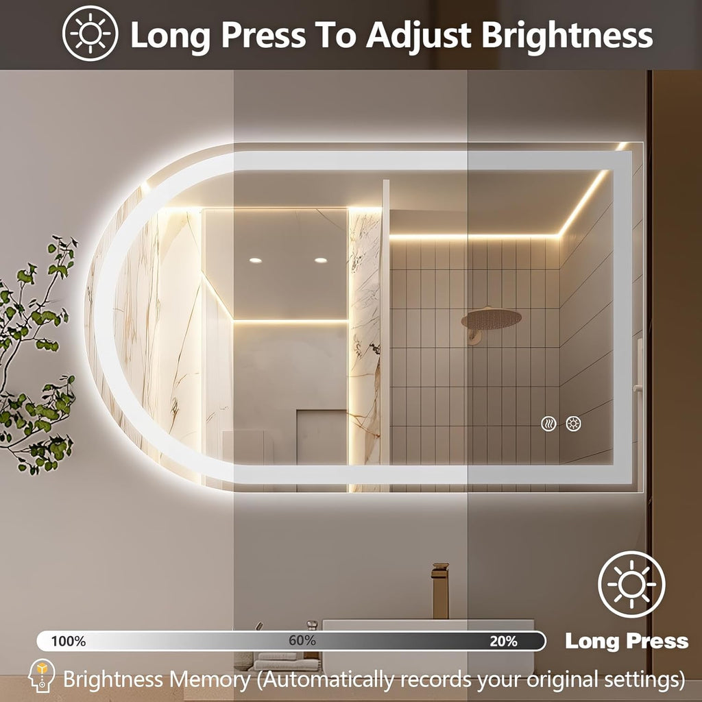 Niccy Arched LED Mirror for Bathroom, 40x24 Vanity Mirror with Light Frameless Bathroom Mirror, Smart Lighted Frontlit Mirrors with Memory Function for Bathroom Bedroom Beauty Hair Salon